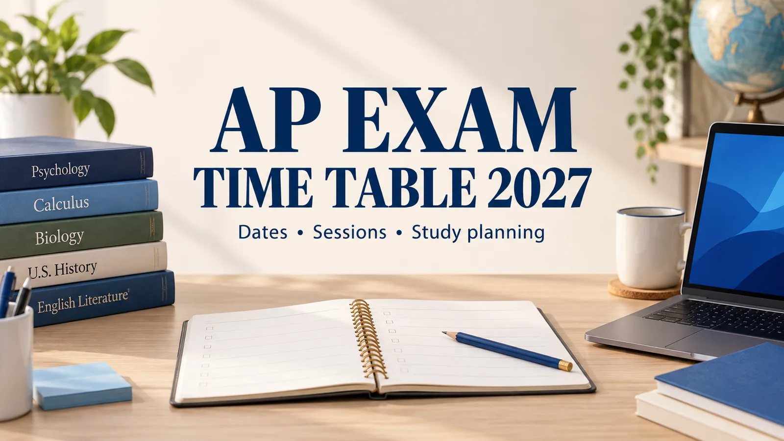 AP Exam Time Table 2027 cover with a study planner, subject books and laptop