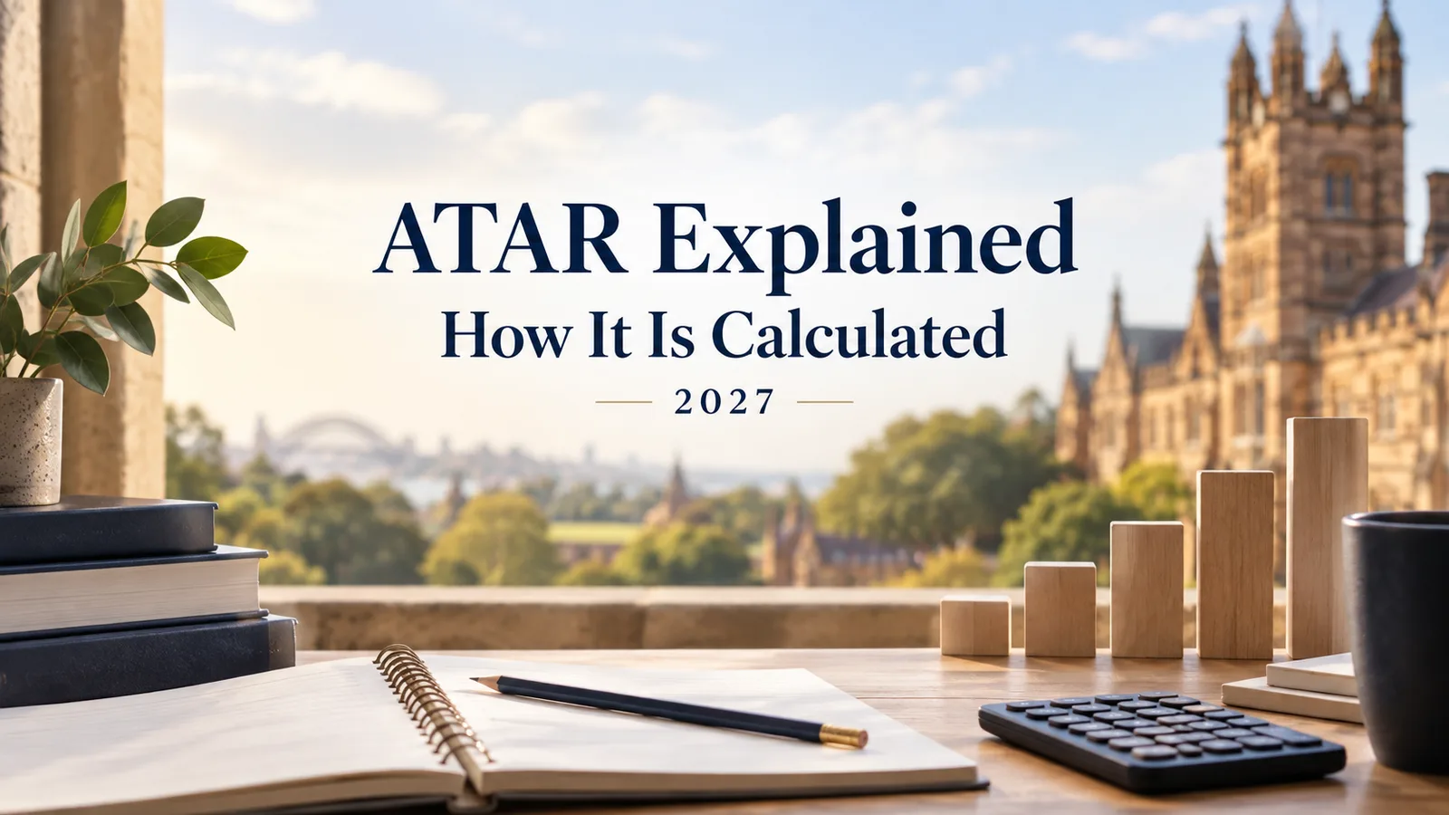 ATAR Explained 2027 cover with a study notebook, calculator and university architecture
