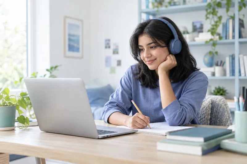Illustrative student wearing headphones, working through a notebook beside a laptop during an online lesson