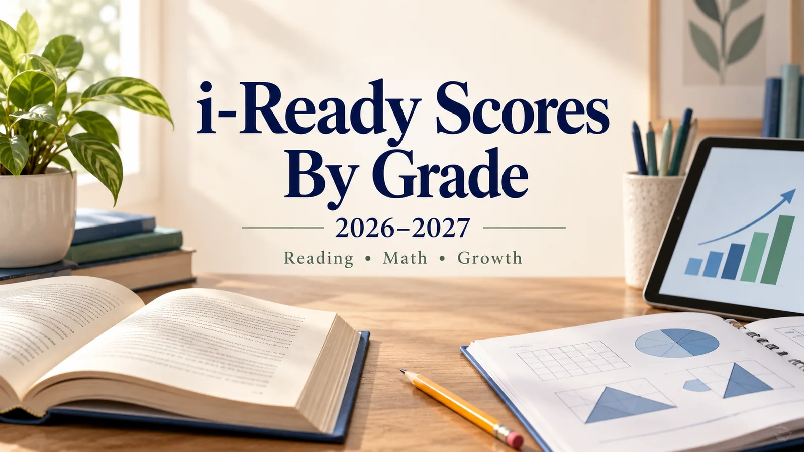 i-Ready Scores by Grade 2026–2027 cover with books, a pencil and a tablet showing a growth chart