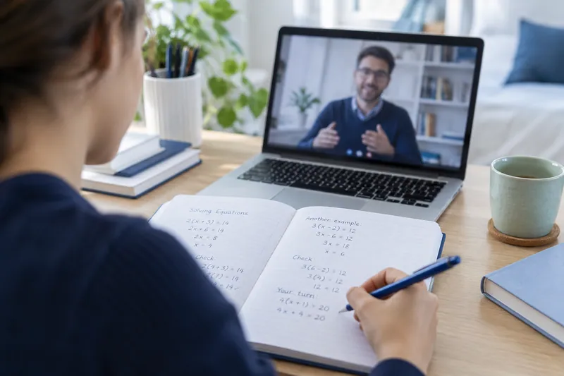 Illustrative close-up of a student reviewing handwritten mathematics during an online tutoring lesson